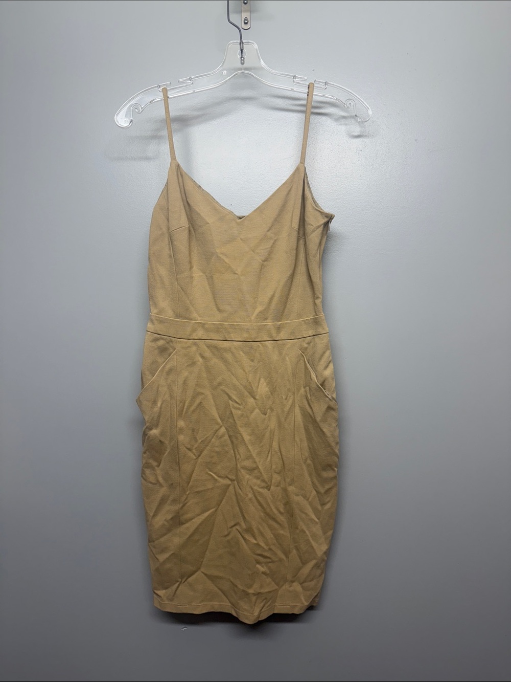 Obakki Tan Spaghetti Strap V-Neck Mini Dress with Pockets